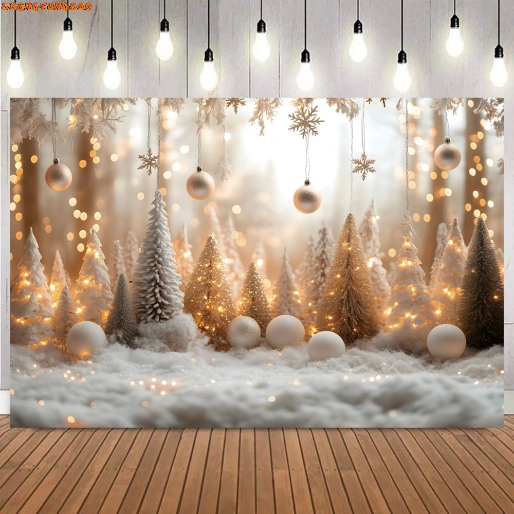 สีขาวคริสต์มาสการถ่ายภาพพื้นหลัง Xmas Pine Tree Gold Bells ฤดูหนาวหิมะเด็กภาพตกแต่งคริสต์มาสฉากหลัง Photo Studio