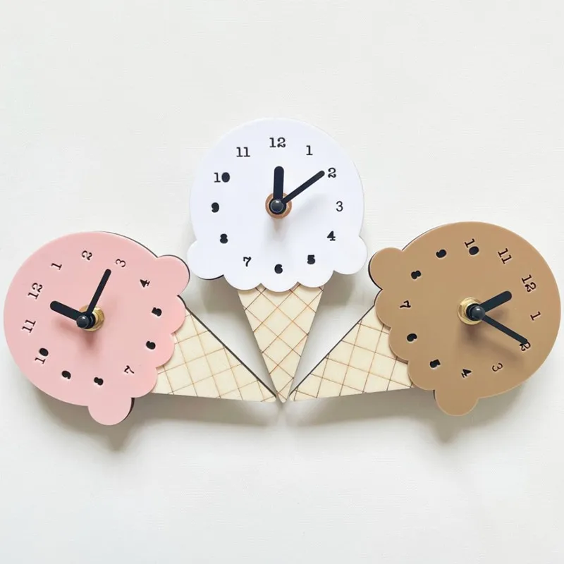 INS Nordic Wooden Ice Cream Wall Clock Wood Silent Mute Clocks Kids Room Decoration Ornament Nursery Decor Furniture Photo Props