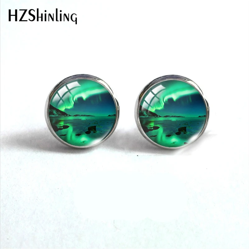 Green Northern Lights Earrings Northern Light Jewelry Light Aurora Handcraft Glass Dome Stainless Steel Stud Earrings Jewelry