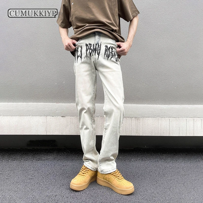 

CUMUKKIYP Streetwear Straight-Leg Jeans Men Y2k Baggy Urban Street Style Denim Pants Fashionable Yellow Washed Vintage