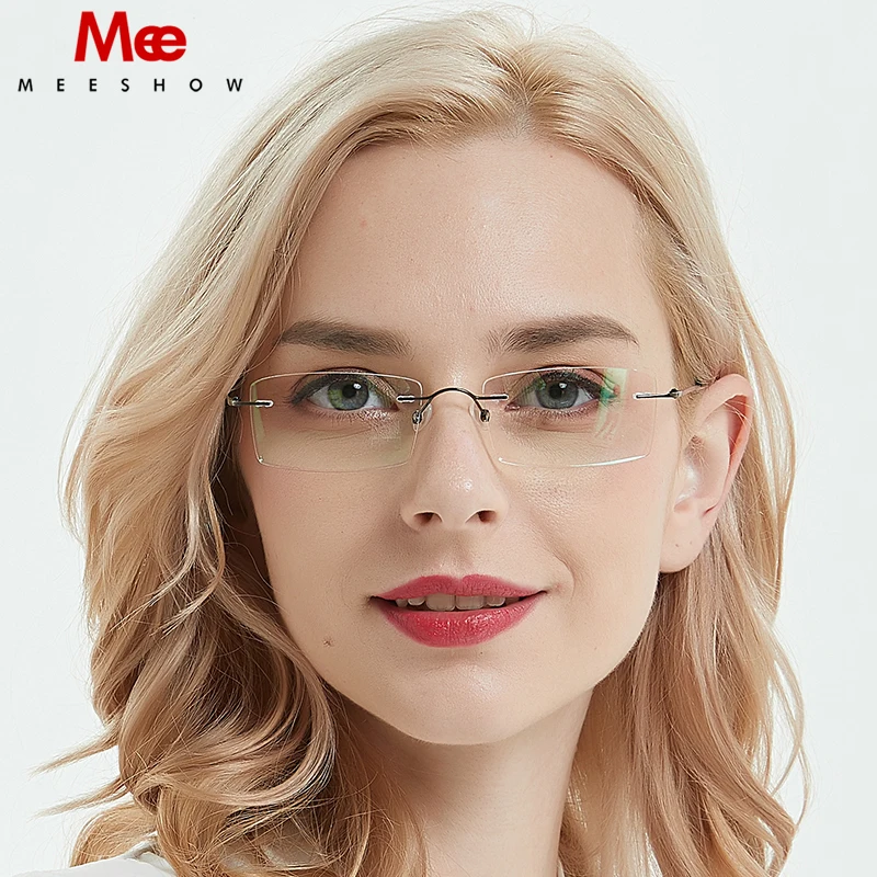 Meeshow Brand design Rimless Glasses 100%Pure Titanium glasses optical frame with case Eyeglasses Custom MR-8 myoptics Lens 8508