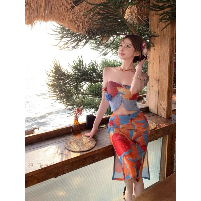 Women's Tropical Art Bikini Set, Push-Up Slimming Two-Piece Swim Dress with Cover-Up, Sexy Chic Hot Spring Resort Beachwear