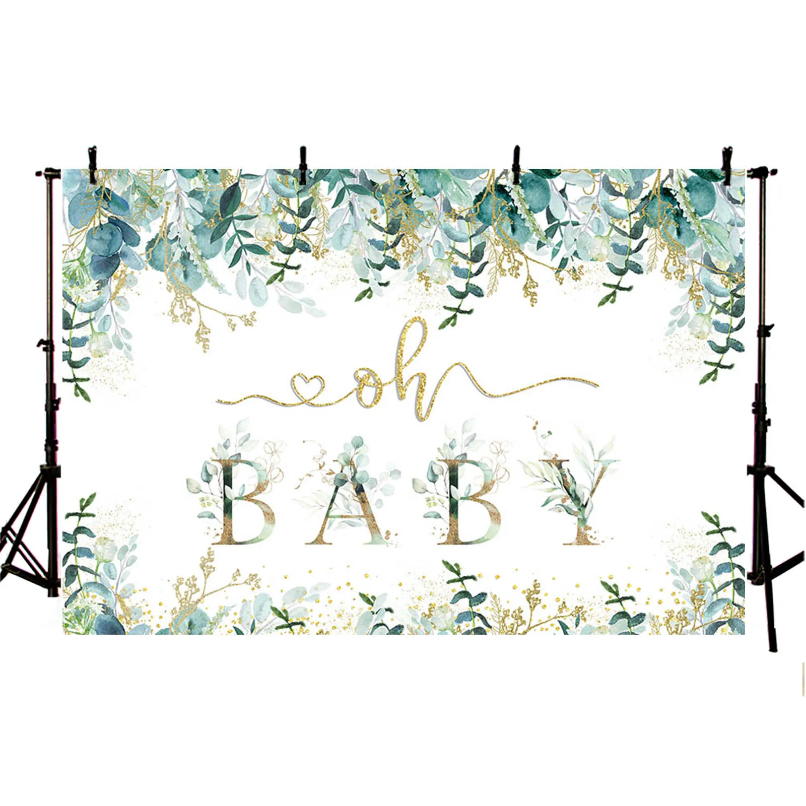 Oh Baby Backdrop Green and Gold Eucalyptus Leaves Birthday Baby Shower Kids Photography Background Cake Smash Partty Decorations