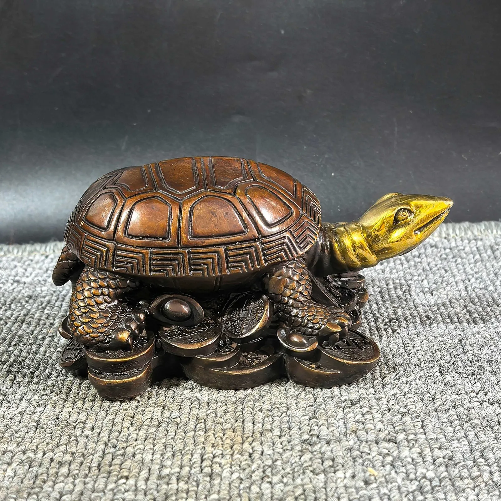 Gold Gilded Bronze Money Turtle Sculpture, Wealth & Longevity Charm