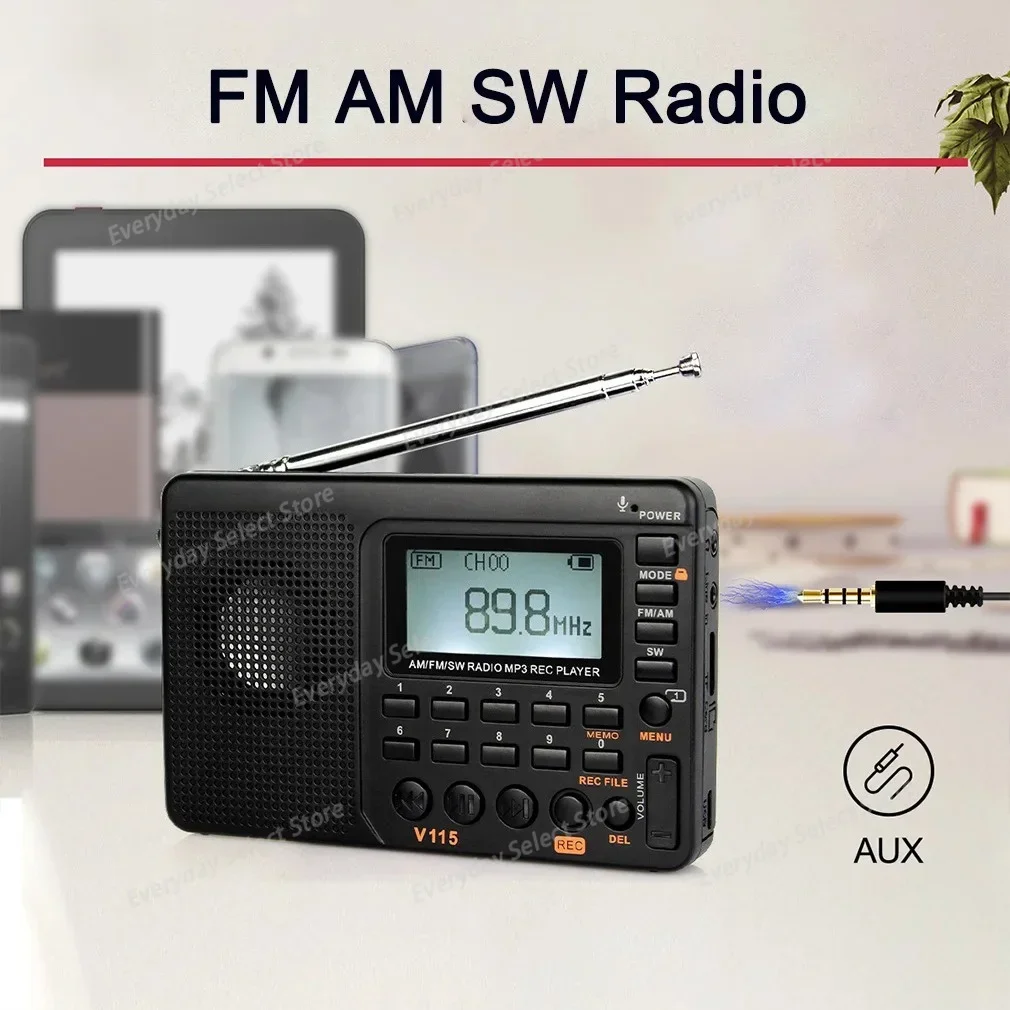 Hot V115 Radio FM AM SW Radio Portable Rechargeable Radio Battery Powered Full Wave USB Recorder Speaker For Christmas Gift