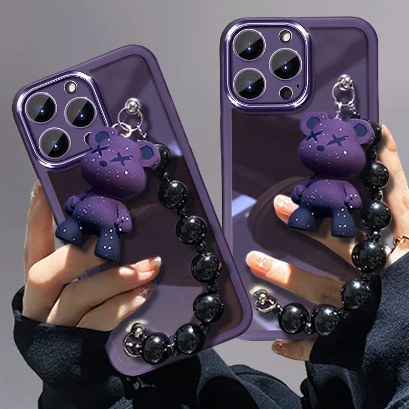 

Fashion glitter beads bracelet phone case for iphone15 17 13 plus pro max bear wrist With lens film silicone cover web celebrity
