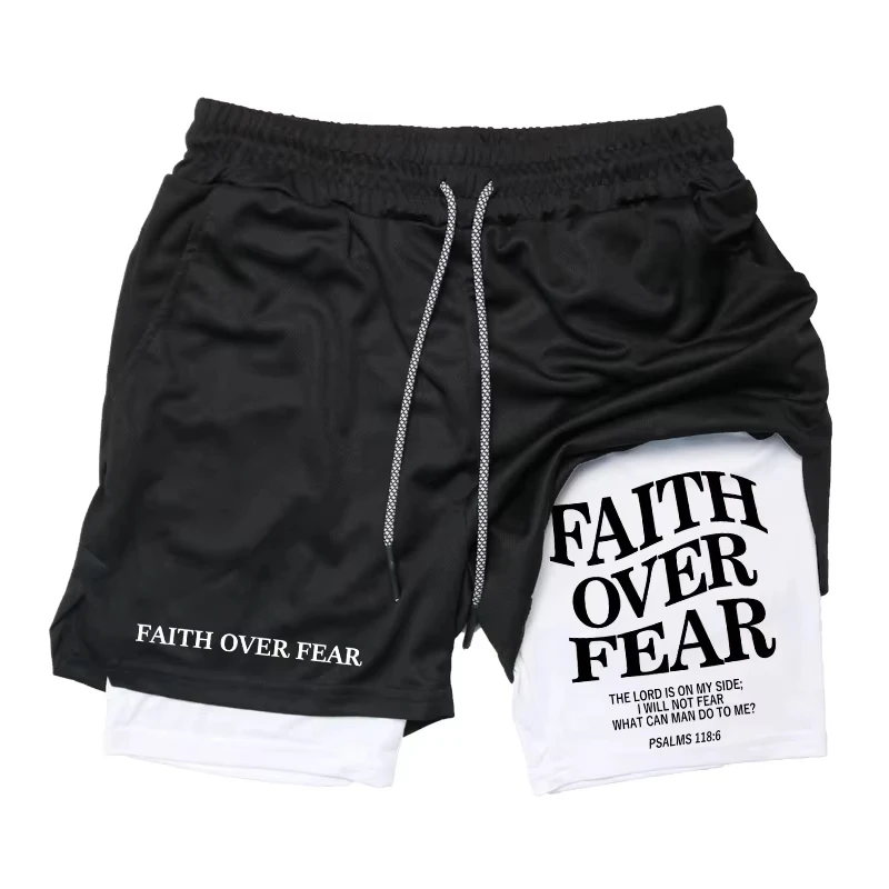 Print 2-in-1 Running Workout Shorts for Men Christian Gym Athletic Performance Shorts with Pocket Towel Loop Activewear JW056