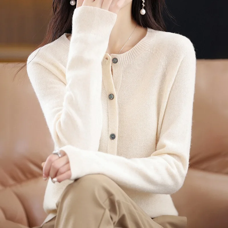 Unique  Gentle Round-neck Knitted Cardigan Women From Spring  Autumn Loose Long-sleeved Korean-style Sweater Coat As  Base Layer