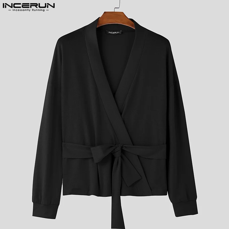 Fashion Casual Style Tops INCERUN 2024 Men Slanted Placket Sweater Autumn Streetwear Male Solid Strap Long Sleeved Cardigan 2024