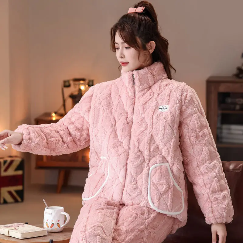 Winter Pyjamas Women Autumn and Winter Three Layers of Thick Laminated Cotton Outside To Wear Warm and Fleece Thick Home Suit