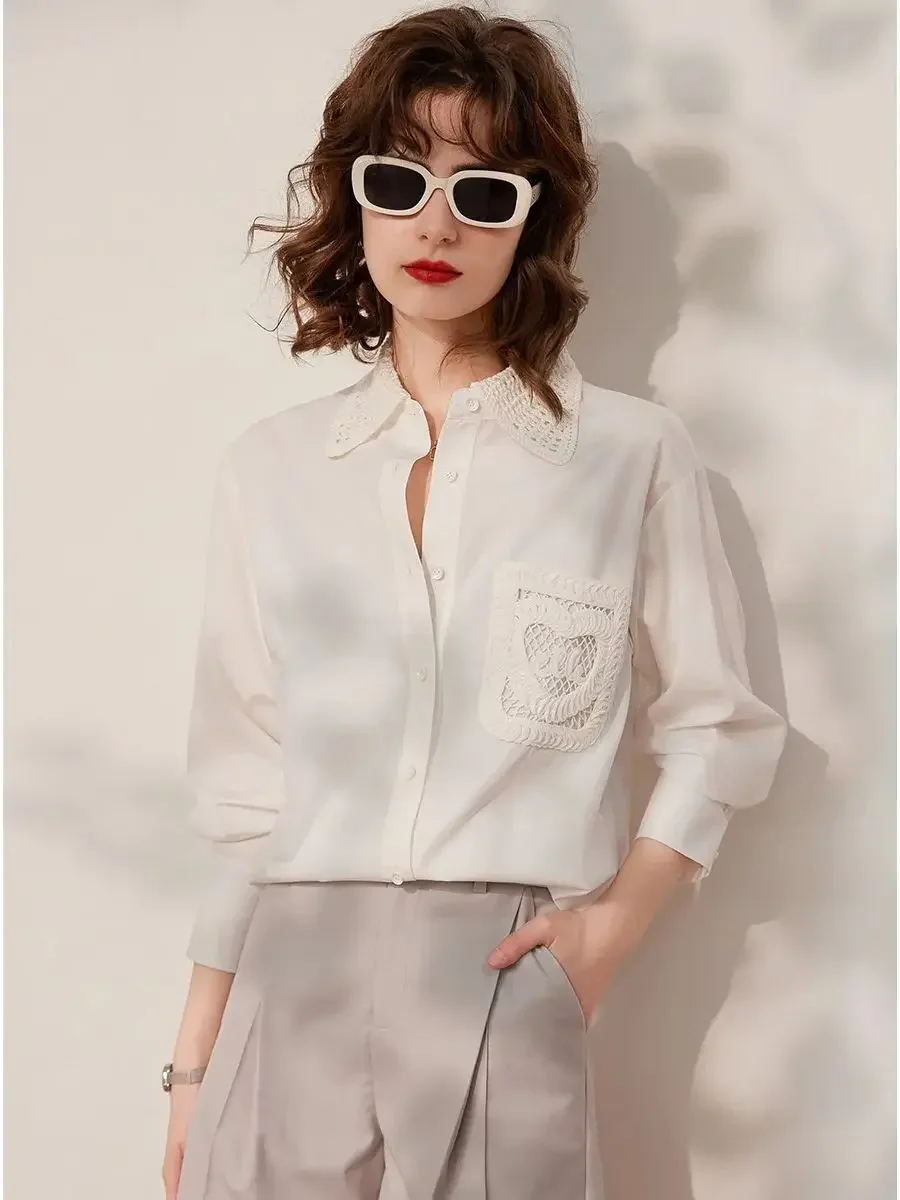 LOUIS YAO Women Shirt 2024 Spring Hollow Out Lace Blouses Turn Down Collar Long Sleeve Elegant Casual Loose White Shirt