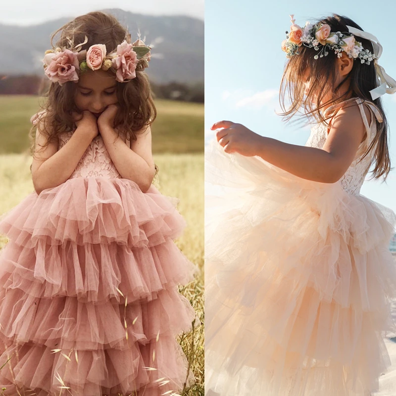 New Summer Dress for Girls Kid Sling Beach Layer Tulle Dress Princess Birthday Party Gown 3-10Y Children Clothes Elegant Dresses