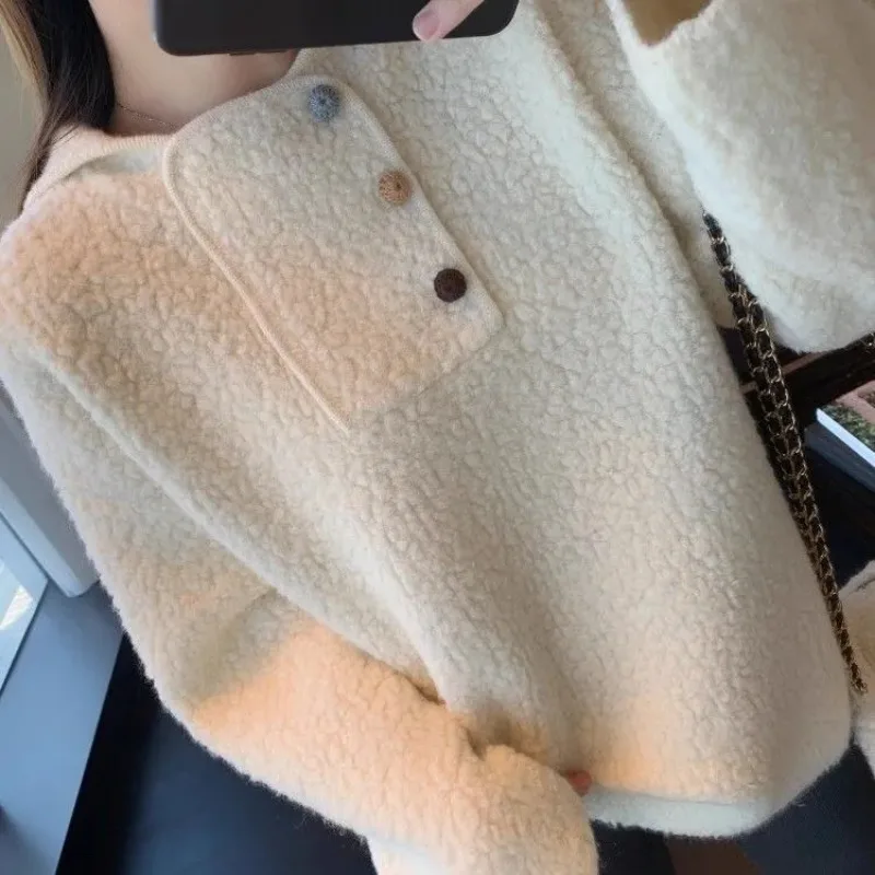 Women's Cream Sherpa Hoodie Oversized Mid-Length Half Placket Multi-Color Button Casual Warm Pullover