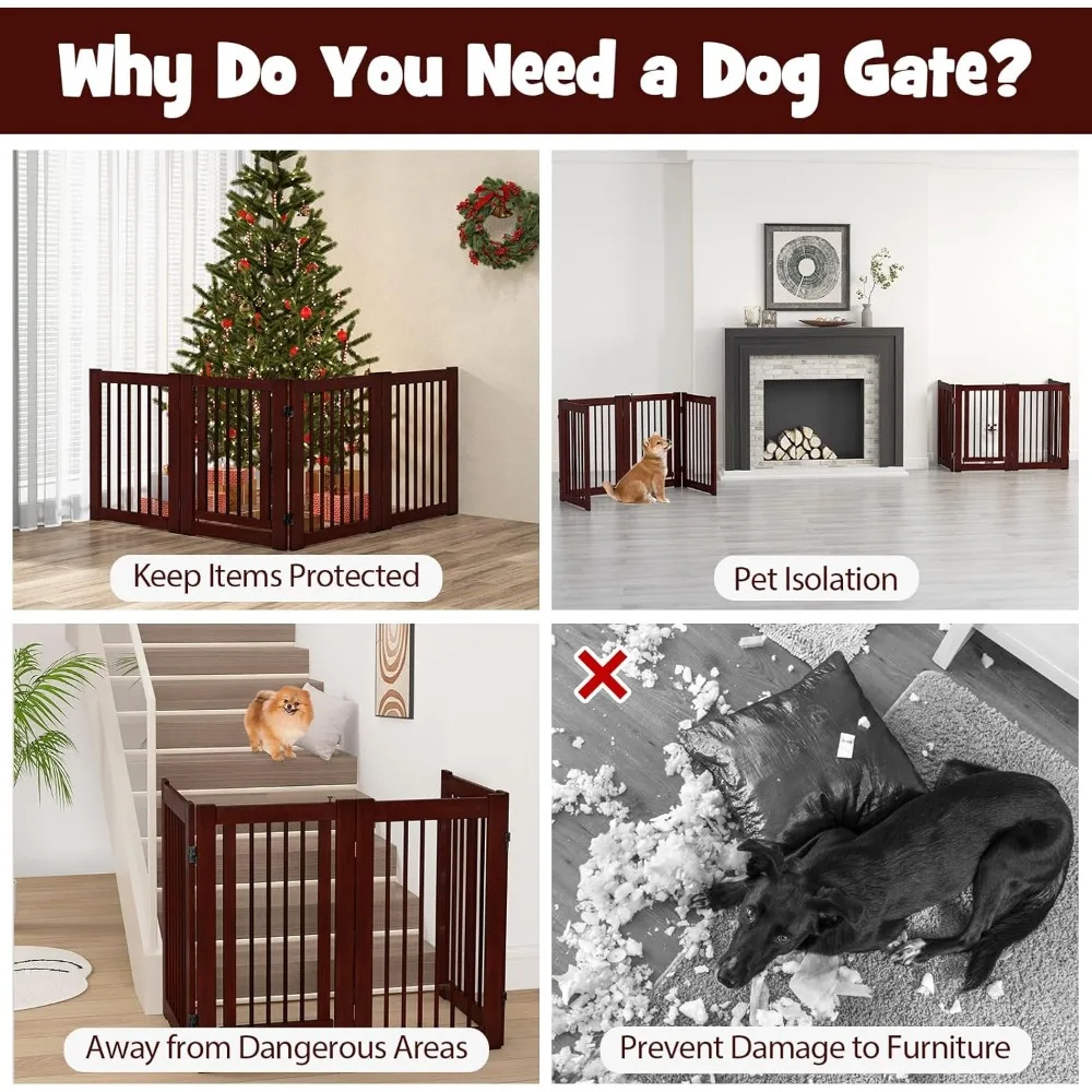 Dog Gate with Door - 30''H × 80''W Wooden Pet Gate with Walk Through Door, Foldable Freestanding 4 Panels Pet Safety Fence Extra