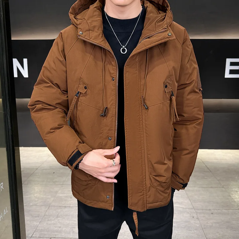 

Winter Man Cargo Coat Vintage Solid Color Long Sleeve Male Down Jacket Thicken Windproof Pocket Hooded Outdoor Men Outerwear