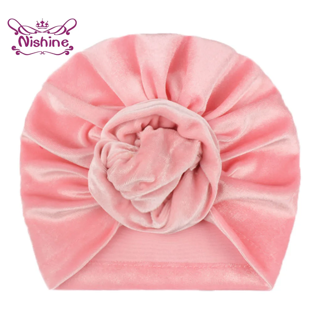 Gorro de terciopelo con nudo para niña, gorro de cobertura con flor rosa, turbante, accesorios para el cabello, 1 piezas