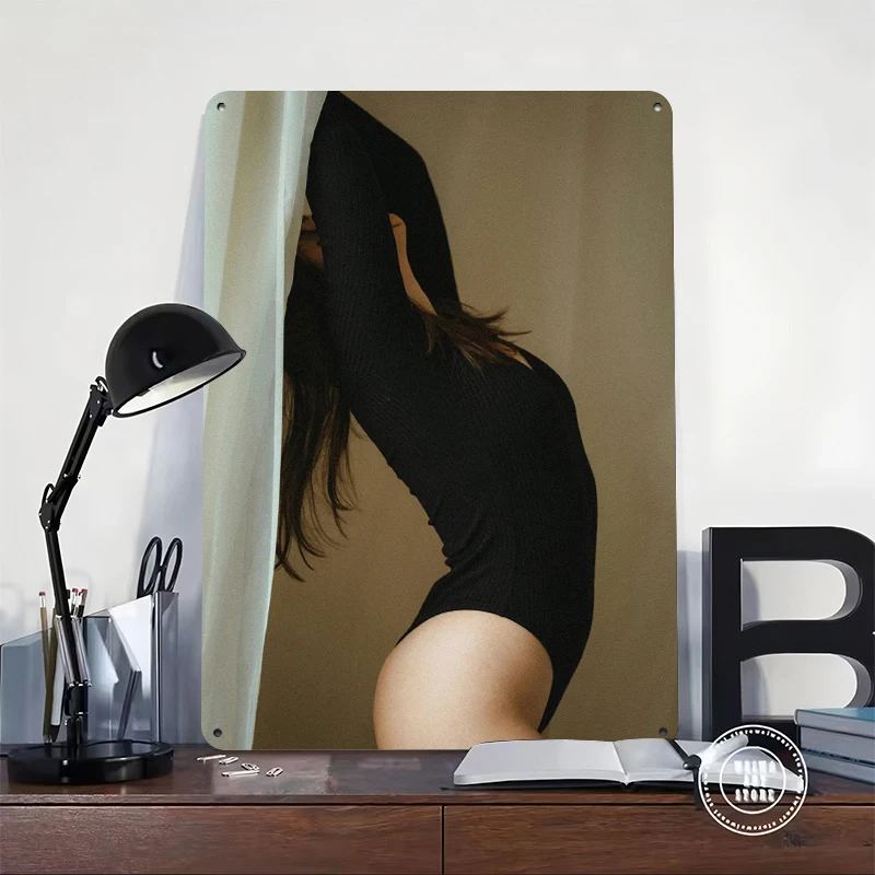 Woman in Black Bodysuit Posing Behind Curtain Metal Poster Customized Wall Art Retro Vintage Tinplate Signs for Home Decor Room