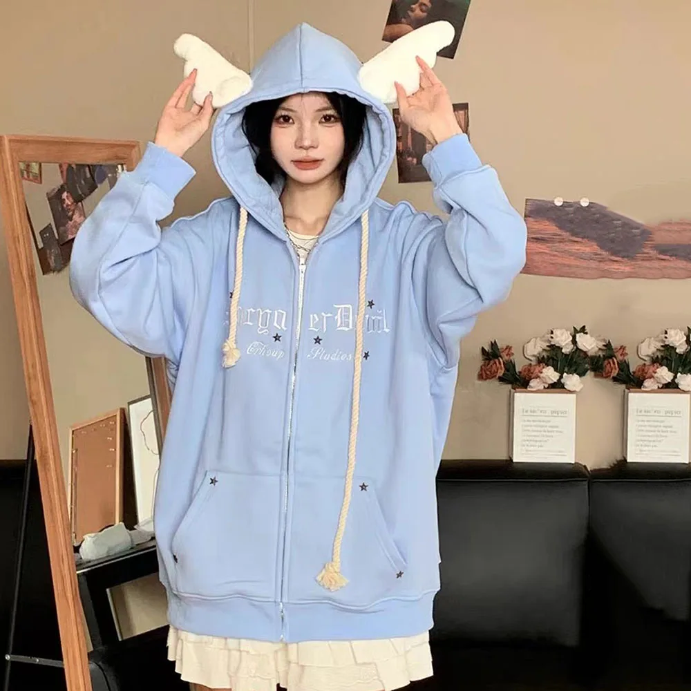 Autumn Winter Cute Hoodies Sweatshirts Jacket Women Kawaii Plush Casual Warm Hooded Wing Female Letter Print Sweatshirt Coats