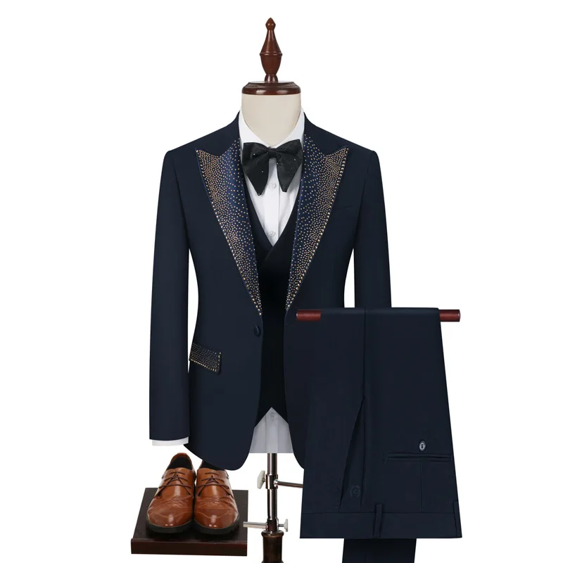 حجر الراين التلبيب 3 قطعة دعوى مجموعة (سترة + سترة + بنطلون) الأعمال الرسمية بدل غير رسمية الزفاف العريس حفلة المرحلة الرجال البدلة M-5XL #3