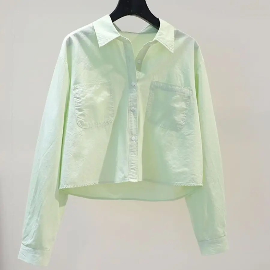 

Fashion Blouse Women Cotton Matte Short Shirts Light Green Loose Long Sleeve Shirt Jacket Spring Summer Trend Top