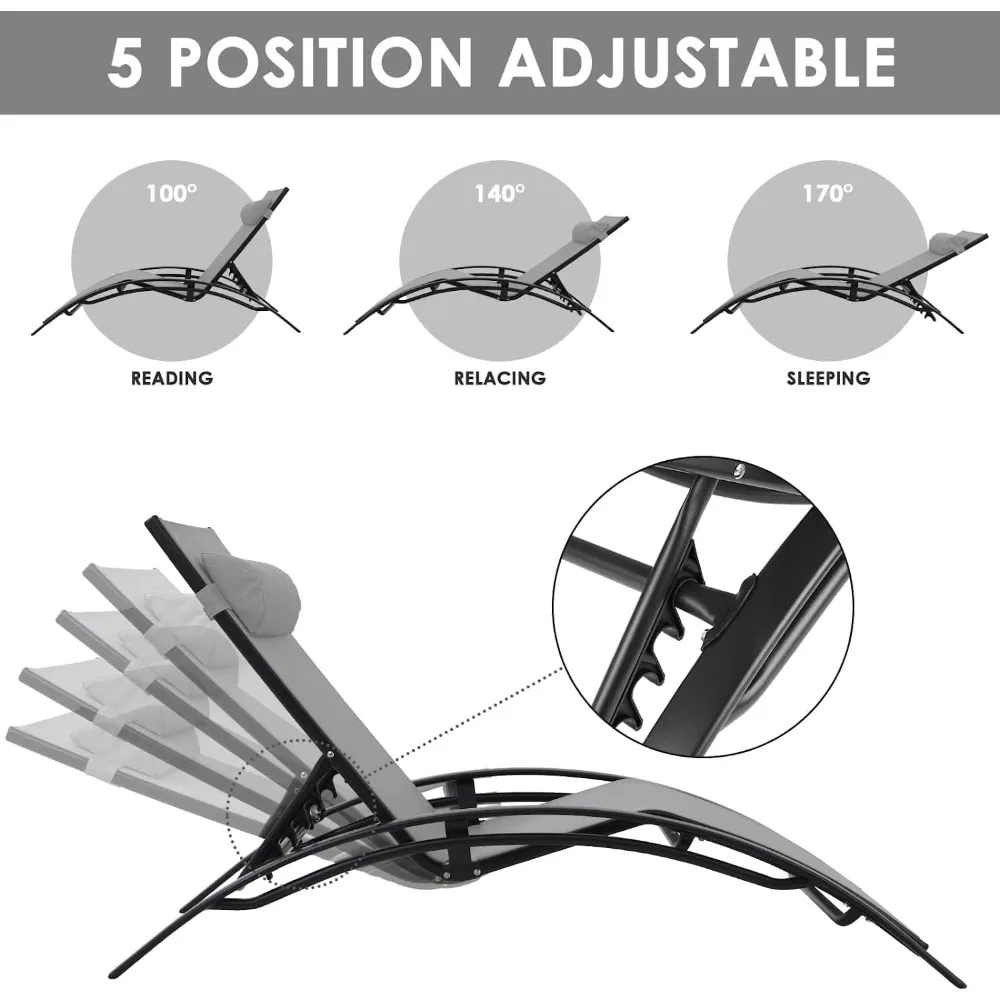 طقم صالة مكون من 3 قطع من كراسي حمام السباحة مع مسند للرأس، كراسي استرخاء بجانب حمامات الشمس قابلة للتعديل مكونة من 5 مستويات.