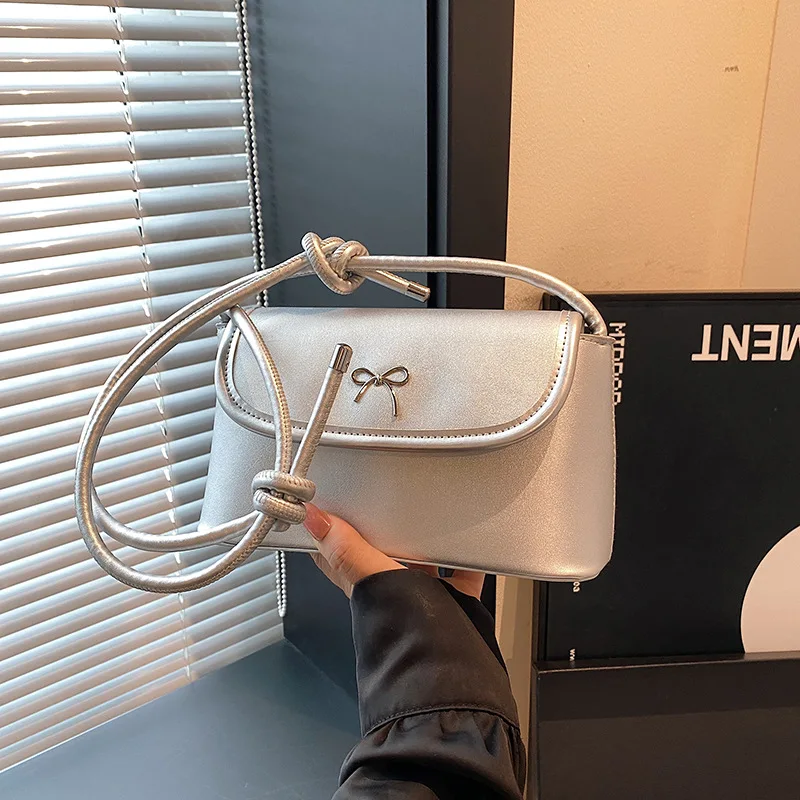 

Women's Metallic Shoulder Bag with Bow Detail, Knot Strap Crossbody Purse, Minimalist Flap Bag for Casual and Evening Wear