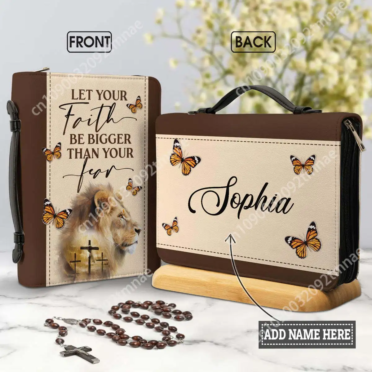 

Presonalized Bible Cover Case Let Your Faith Be Bigger Than Your Fear Lion Bible Hymn Women's Zippered Handle Handbag Custom