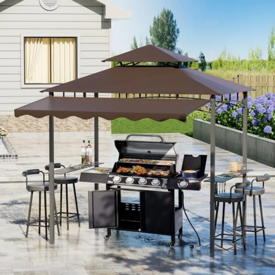 Outdoor BBQ Gazebo, 8x8 Ft Patio Grill Gazebos with Extra Adjustable Shadow, 2-Tier Grill Canopy with 2 Shelves 6 Hooks, Barbeq