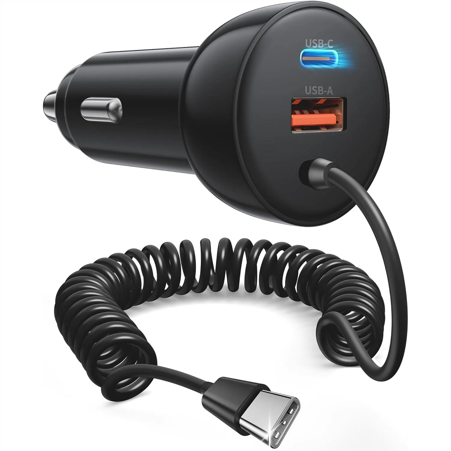 

90W Fast USB C Car Charger Adapter with Coiled Cable for iPhone and iPad, 3-Port High-Speed Charging Convenience