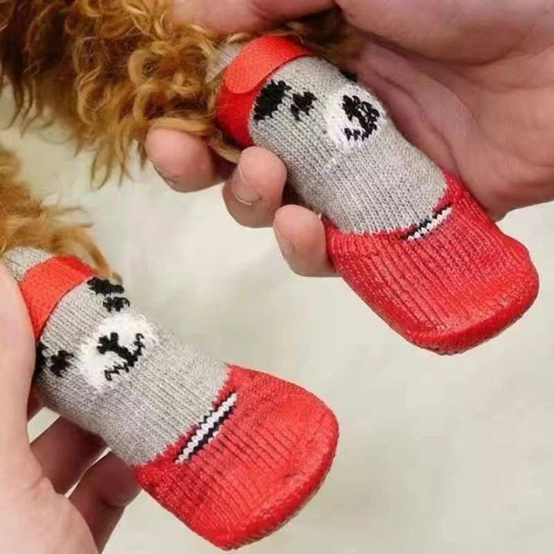 4pcs Puppy Dog Teddy Socks Waterproof Cat Shoes Anti-Scratch Foot Cover Anti-Dirty Pet Socks Small Cat Dogs Knit Warmpet Socks