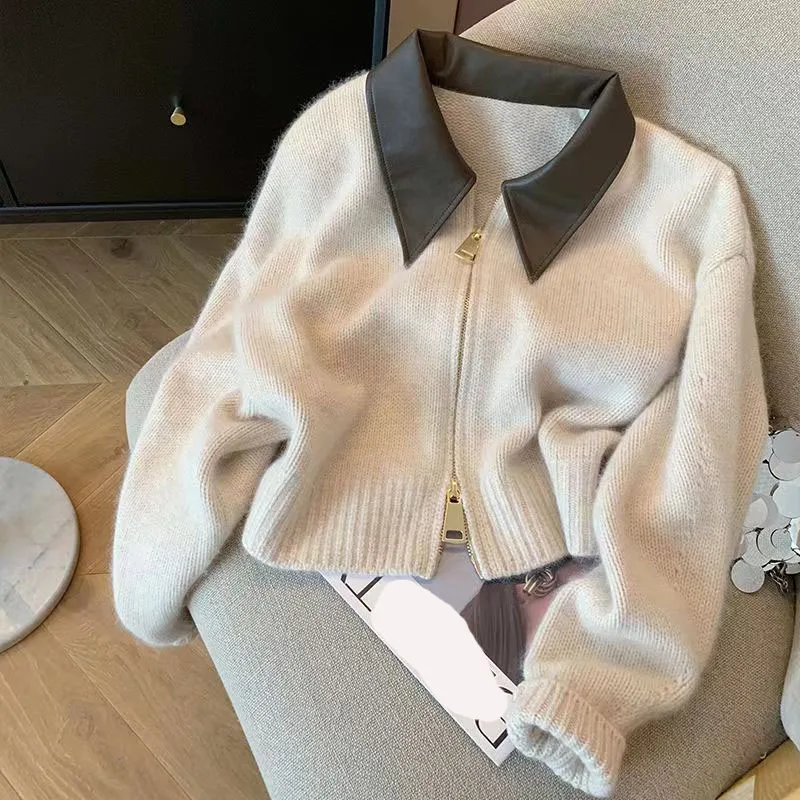 Fashion Zipper Knitted Cardigan Ladies Korean Chic PU Leather Lapel Cropped Sweater Coat Women Lazy Style Solid Jersey Cardigans