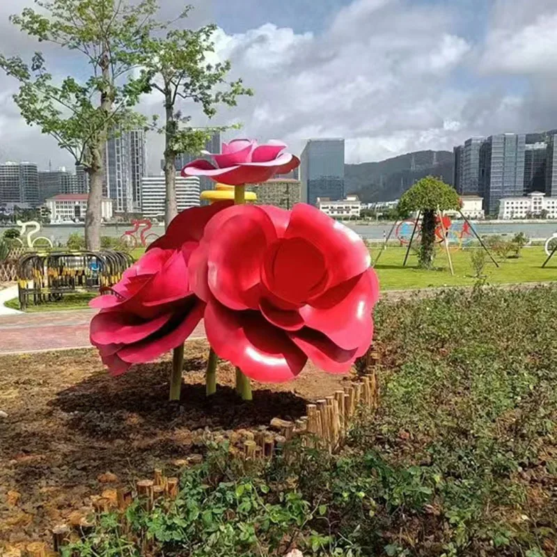 Modern Outdoor Abstract Rose Flower Sculpture Garden Park Yard Decoration Metal Crafts Stainless Steel Rose Sculpture