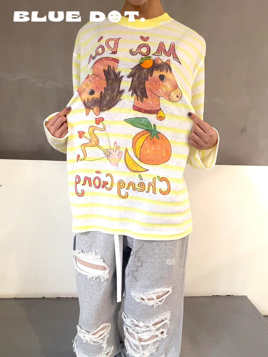 

Женский топ BlueDot Cheeri Upi, повседневный, круглый вырез, без рукавов, длинный рукав, в полоску, с мультяшным принтом, свободный крой, из смесового полиэстера и хлопка