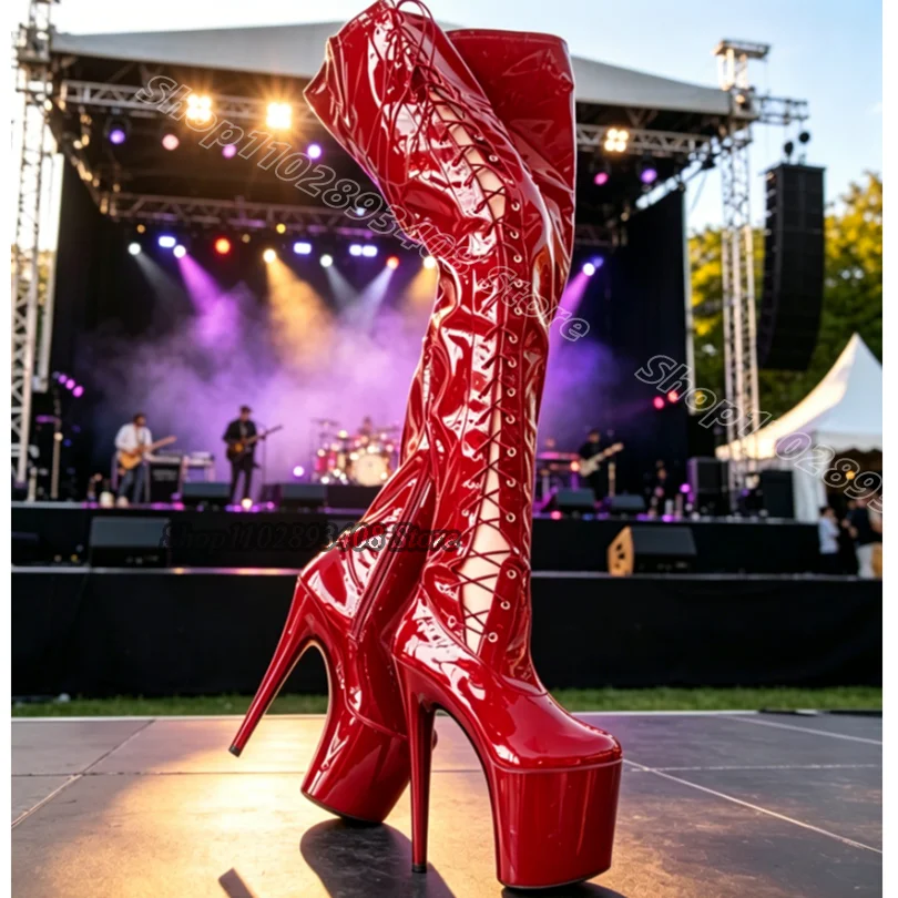 Red Cross Band 20CM Platform Boots Round Toe Stylish Thin High Heels Women Pole Dance Sexy Over Knee Boots Zapatos Para Mujere