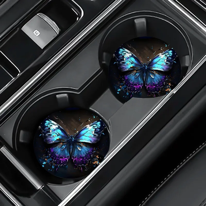 2pcs/set Blue Butterfly Car Coasters, Round Leather Dining Table Water Cup Coasters, Car Decorations And Gifts