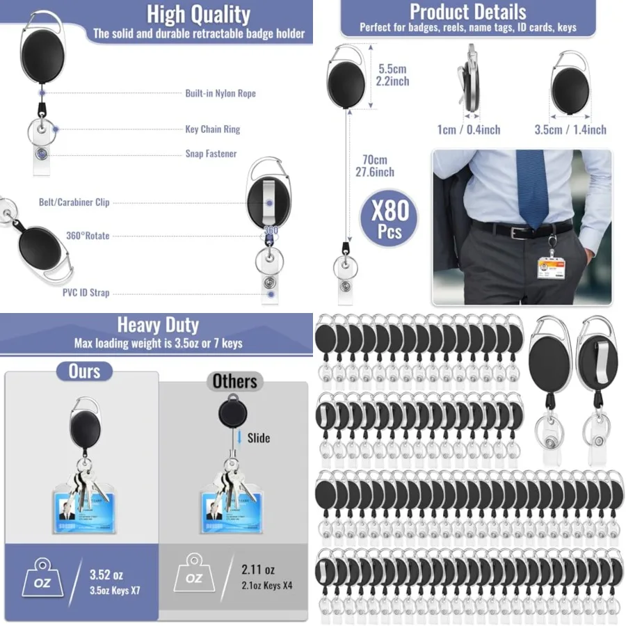 

Pcs Badge Reels Retractable Bulk ID Badge Holders Retractable Lanyards with Carabiner Reel Clip for Keys, Badge Name Card Holde