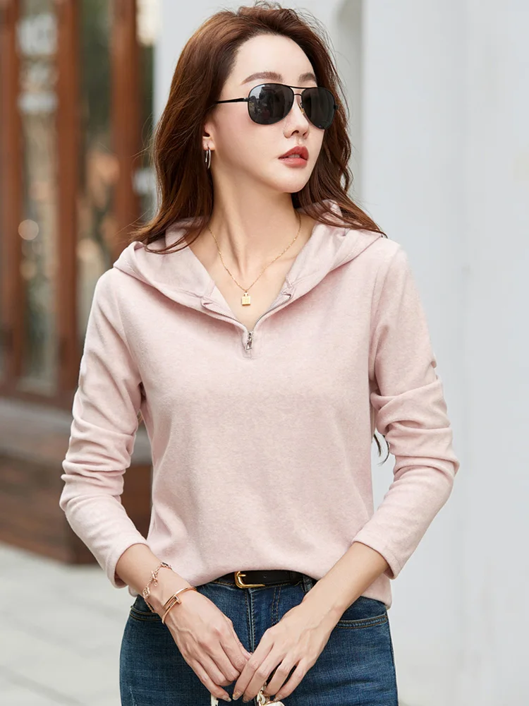 New Women Zipper Hooded Bottomming Shirt Autumn Winter Fashion Thick Long Sleeve Loose Hoodies Simplicity Casual Pullover Tops