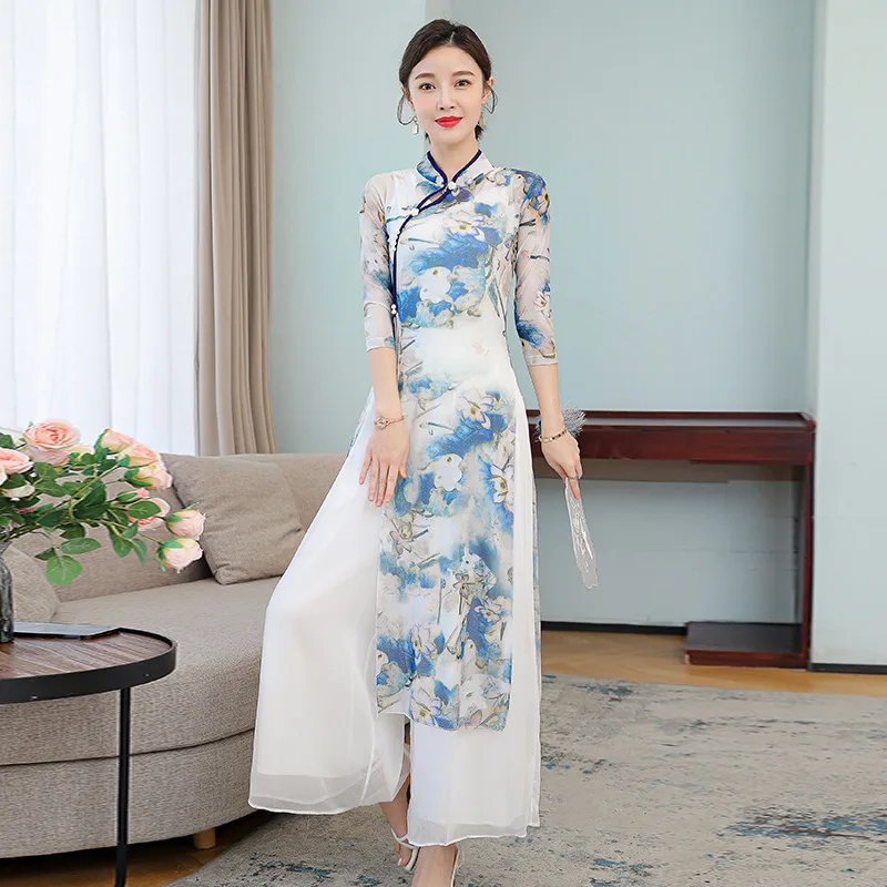 Traditional Chinese Dance Costumes Vintage Printed Cheongsam Women Elegant Slim Fitting Performance Attire Classical Dancewear