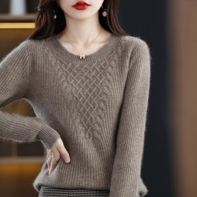 2024 new pure Australian wool sweater women's round neck fashionable loose fitting pullover seamless knitted base sweater