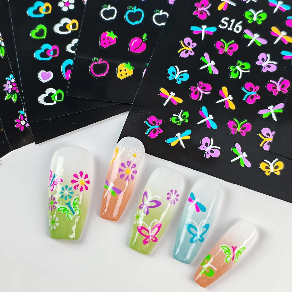 

30 Sheets 3D Glow in The Dark Neon Nail Stickers - Glittery Glossy Self-Adhesive Nail Art Decorations with Butterfly, Love Heart