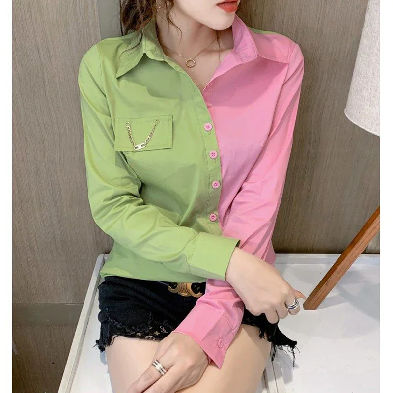 Spring Polo-neck Contrast Color Slim Shirt Female Long Sleeve Patchwork Casual Fashion Buttons Blouse Women Cardigan Top X750