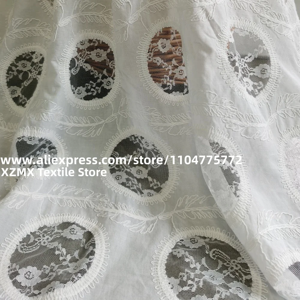 100% Cotton Laser Cord Embroidery Lace Fabric,White Oval Cutout Mesh Floral Design for Vintage Style Garment Making