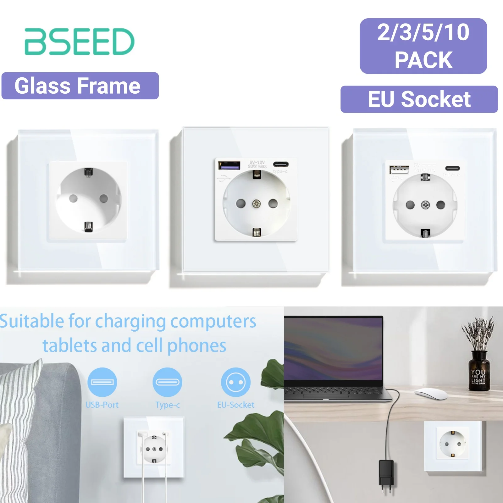 BSEED Einzelsteckdose EU-Standard 86mm Wandsteckdose Telefon-Ladeanschluss USB-C-Buchse 16A Glasrahmen 110V - 240V Elektrische Steckdose Typ-C Wandmontiert Weiß