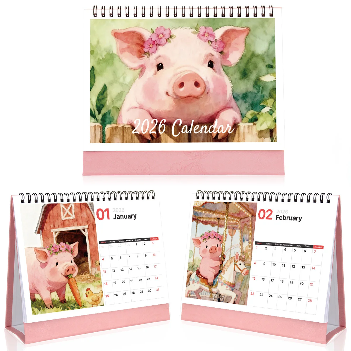 1PC Cute Watercolor Pig-Themed Desktop Calendar for Home & Office Use Suitable for Animal Lovers Ideal 2026 New Year Present