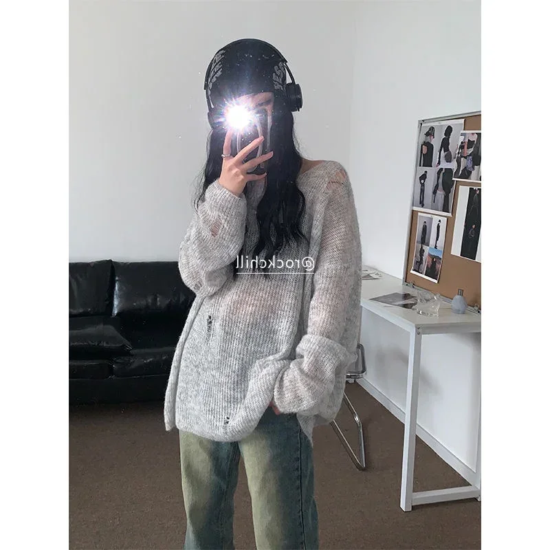 البلوفرات الملابس النسائية ثقب الجوف خارج الحياكة البلوز سحب فام Y2k الملابس الكورية عادية رقيقة متماسكة سترة القمم #3