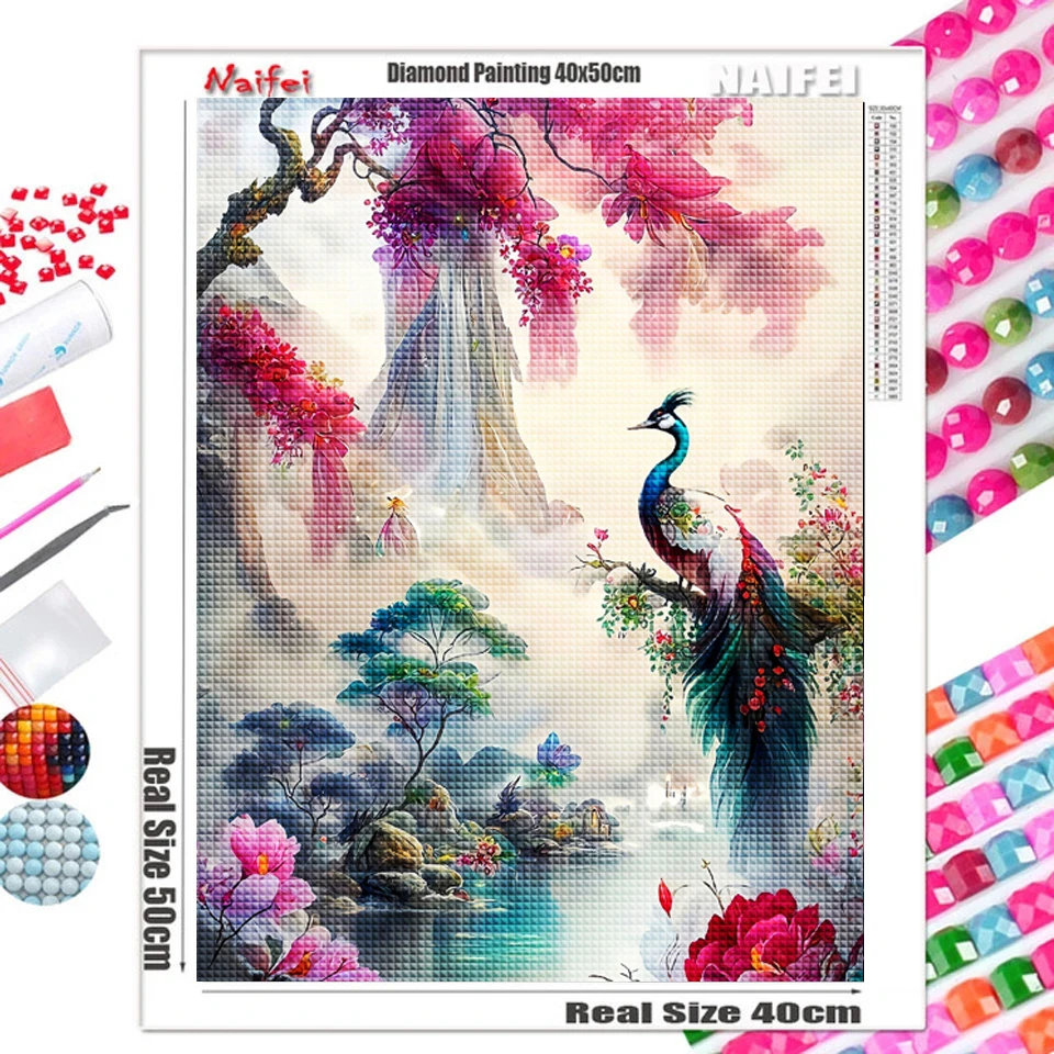 Fantasy Opening Peacock Flowers Landscape Spring Diamond Painting DIY Mosaic Diamond Embroidery 5D Birds Home Decor