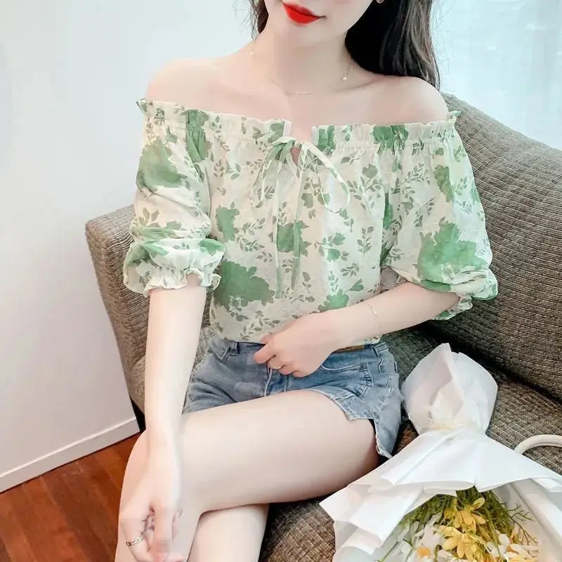 Women\'s Trendy Floral Print Lace Up Blouse 2024 Summer Sexy Off Shoulder Sweet Chic Shirt Female Casual Short Sleeve Loose Tops