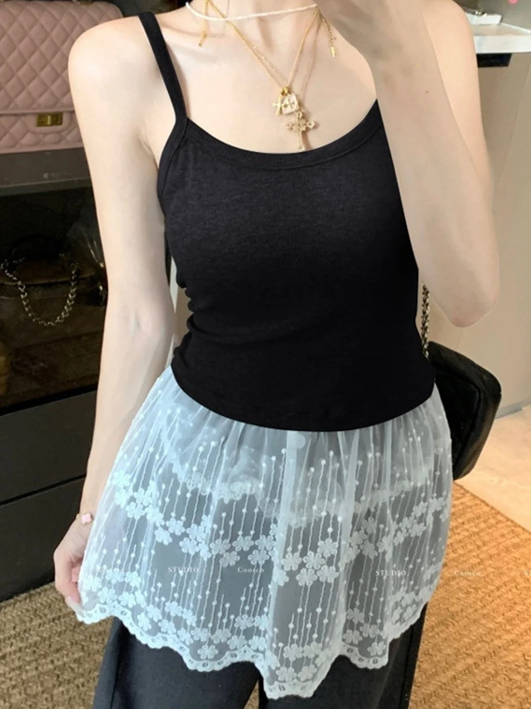 Korean Style Pure Cotton Lace Patchwork Women's Summer plus Size Slimming Sleeveless Top Strap Vest Fashion Commute Style