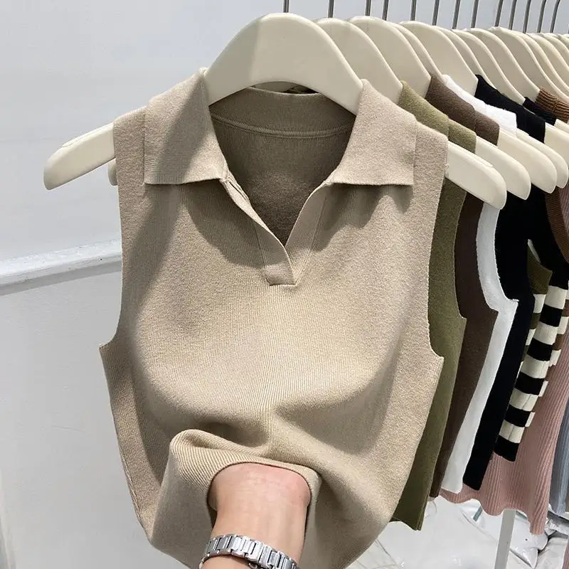 

Summer Korean version lapel sleeveless knitted vest women's short style simple casual versatile slimming top1688