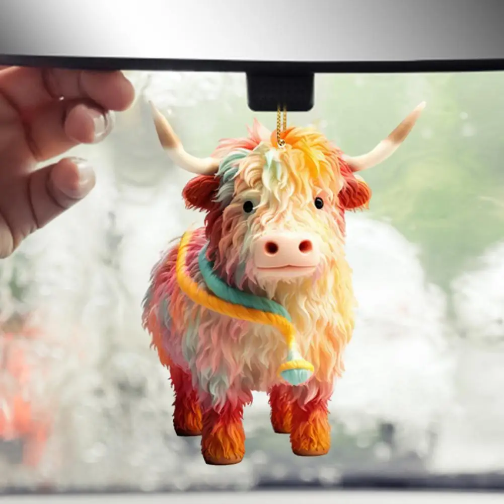 Christmas Cow Ornament Xmas Tree Cartoon Highland Cow Hanging Decorations 2D Flat Acrylic Pendant for Car Rearview Mirror Decor